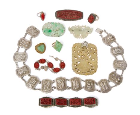 A group of jewellery, including: a Chinese silver panel necklace, the repouss&eacute; panels depicting bamboo, dragons, fish,