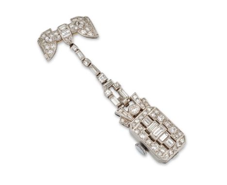 An Art Deco platinum and diamond lapel pendant watch, the rectangular time-piece with rectangular dial, Arabic numerals, with