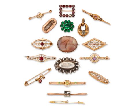 A group of brooches,&nbsp;including: an early 19th century flat cut garnet set square hoop brooch, (one garnet lacking); a ba