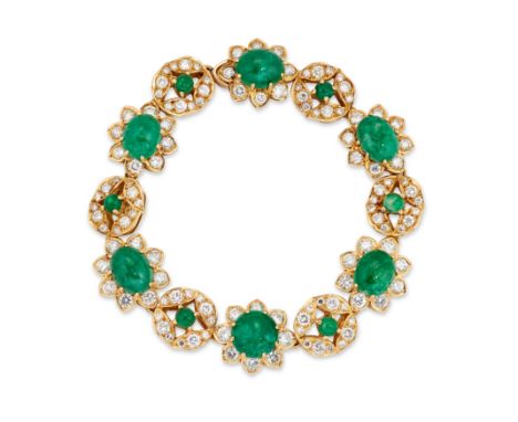 A cabochon emerald and diamond bracelet, with oval cabochon emerald and brilliant cut diamond floral links, alternating with 