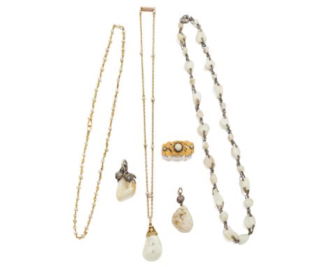A small group of pearl jewellery,&nbsp;comprising: a blister pearl pendant with gold foliate and twisted wire cap, suspended 
