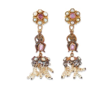 A pair of 19th century gold and gem drop earrings,&nbsp;each designed as a dome shaped drop with seed pearl decoration to a c