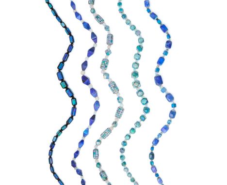 A group of five opal mosaic bead necklaces,&nbsp;four with opal mosaic doublet beads with polished spherical opal bead spacer