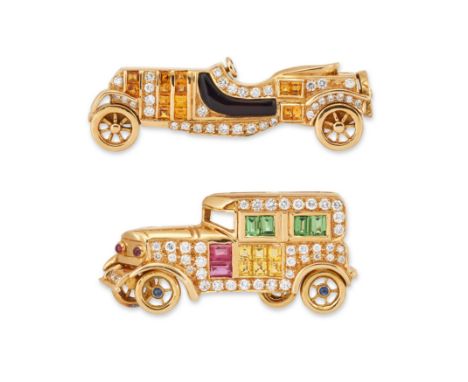 Two diamond and gem set novelty brooches, in the form of vintage cars, the first set throughout with step cut citrines and br