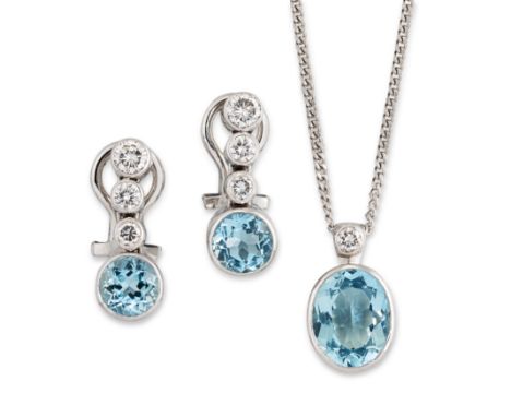 An 18ct white gold aquamarine and diamond pendant and earrings, the pendant with an oval mixed cut aquamarine with brilliant 