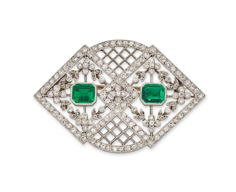 A 20th century, platinum, emerald and diamond brooch, the lozenge shaped trellis and pierced foliate design panel set with to