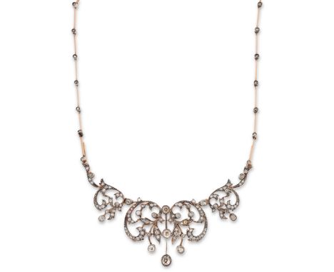 A Victorian diamond necklace with tiara frame,&nbsp;designed as a central old-brilliant-cut diamond-set stylised foliate open