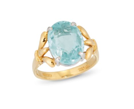 An aquamarine single stone ring,&nbsp;the oval mixed cut aquamarine, approximately 14.0 x 10.3mm, claw set in white, to yello
