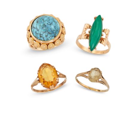 A group of four dress rings, comprising: two citrine single stone rings; a navette shaped malachite single stone ring; and a 