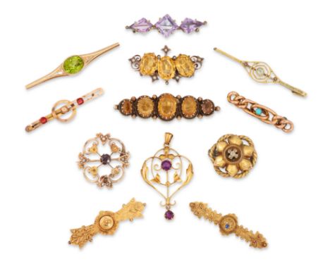 A group of brooches and a pendant,&nbsp;including: a 9ct gold single stone peridot brooch, Birmingham hallmarks; a silver gil