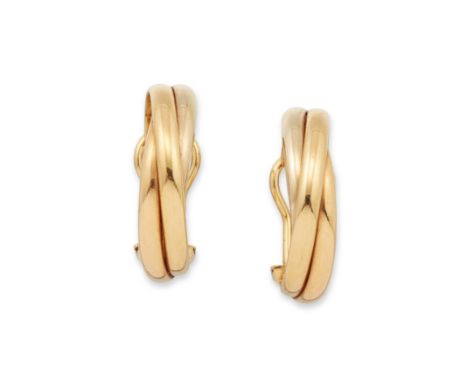 Cartier. A pair of 18ct two colour gold 'Trinity' earrings, of hoop design, signed Cartier, numbered 167344, stamped 750, Eur