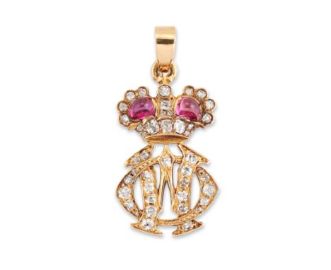 A 19th century diamond and ruby crown and cypher pendant, the initials W O set with old-brilliant cut diamonds to cabochon ru