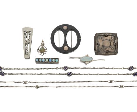 A small group of Arts &amp; Crafts and later jewellery,&nbsp;comprising: an Arts &amp; Crafts agate cabochon and wirework pen