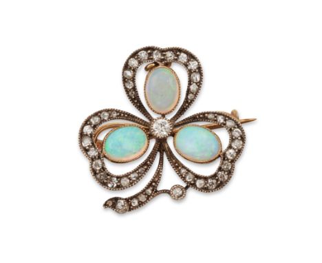 A late Victorian opal and diamond brooch, in the form of a clover leaf with three collet set opal, old brilliant and rose cut
