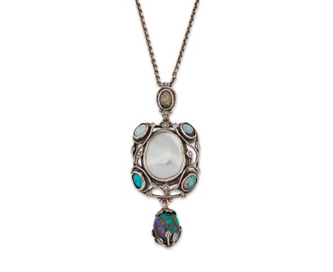 Edmund Thomas Wyatt Ware (1883-1960). An Arts &amp; Crafts silver blister pearl and opal necklace, with a bezel set blister p