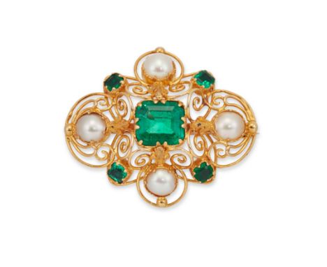 An early Victorian gold, emerald and pearl brooch, the wire and scroll work quatrefoil open work panel claw-set in the centre