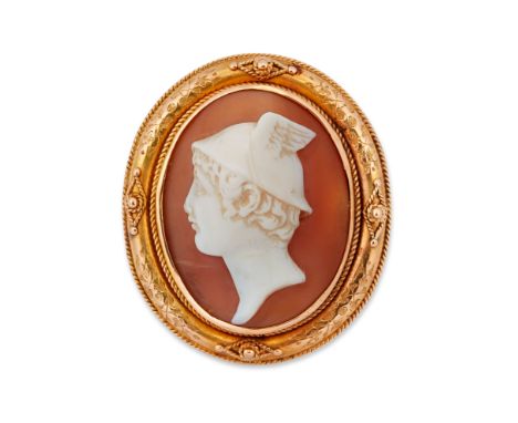 A 19th century cameo brooch,&nbsp;the high relief shell cameo depicting Mercury/Hermes, in gold mount with applied wirework a