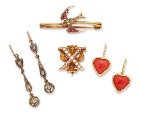 A group of jewellery, comprising: an early 20th century gold mounted, ruby and rose cut diamond set swallow brooch; a pair of