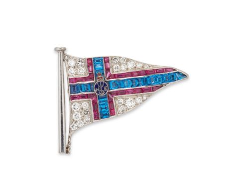A platinum diamond, synthetic ruby and synthetic sapphire burgee brooch, for the Royal Dorset Yacht club, with calibré ruby a
