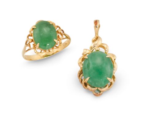 A jade ring and pendant, the ring claw set with a single cabochon jadeite jade, the hoop stamped 18K, ring size P½; the penda