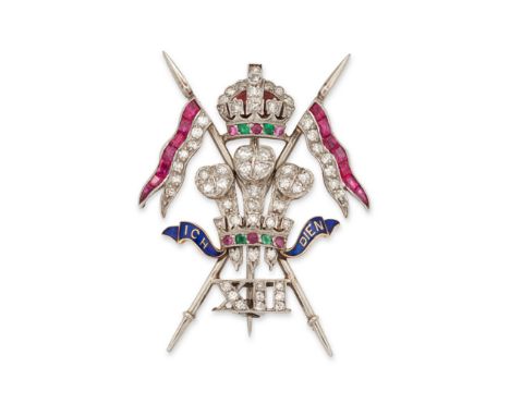 An early 20th century gold, diamond, ruby and enamel sweetheart brooch for the 12th Royal Lancers (Prince of Wales's), with b