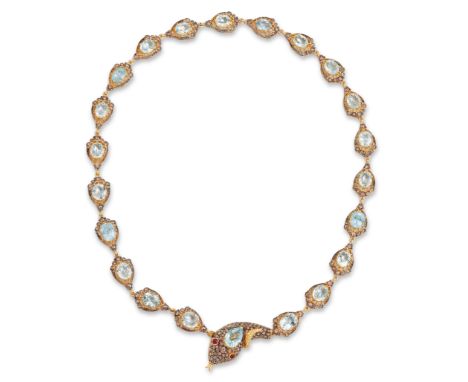 An aquamarine, diamond and ruby snake necklace, the body composed of articulated openwork links with a central oval mixed cut