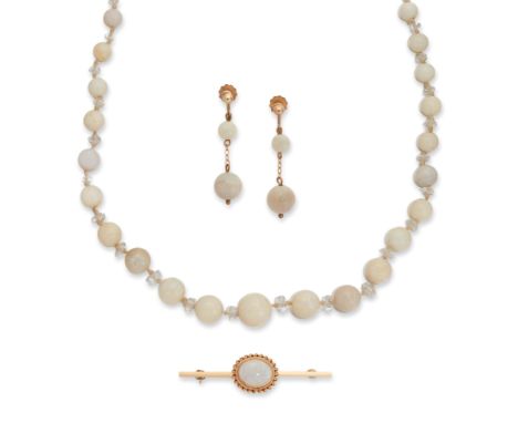 An opal bead necklace and earrings, and an opal brooch,&nbsp;the early 20th century necklace with a row of graduated spherica