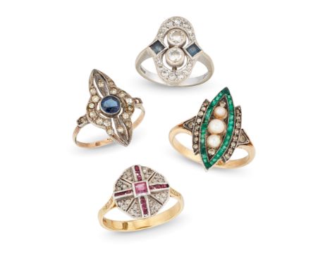 A group of four diamond and gem set panel rings,&nbsp;comprising: an 18ct gold ruby and diamond set octagonal panel ring, She