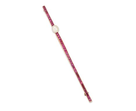 An early 20th century gold, pearl and ruby bar brooch, the calibr&eacute; ruby line bar with a single pearl motif, circa 1910