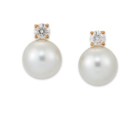 A pair of cultured South Sea pearl and diamond earrings, each with a cultured South Sea pearl approximately 12.4mm, with a br