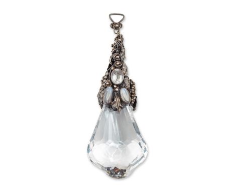 Mary Thew (1876-1953). An Arts & Crafts Scottish silver rock crystal and moonstone pendant, attributed to Mary Thew, the larg