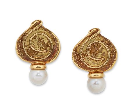 Elizabeth Gage. A pair of ‘Shiraz’ 18ct gold cultured pearl earrings, abstract design surmount with one cultured pearl to eac