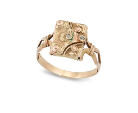 An early 19th century gold diamond set locket ring, the rectangular envelope form head set with two old cut diamonds, with tw
