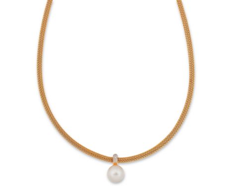 A cultured pearl and diamond pendant, the cultured pearl approximately 10mm diameter, to brilliant cut diamond set suspension