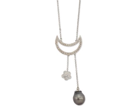 A cultured Tahitian pearl and diamond necklace, with an openwork brilliant cut diamond set crescent panel, suspending a cultu