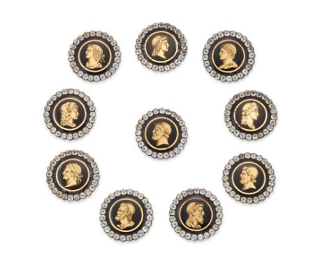 A set of ten early 19th century silver-gilt verre &eacute;glomis&eacute; dress buttons, each circular button depicting variou
