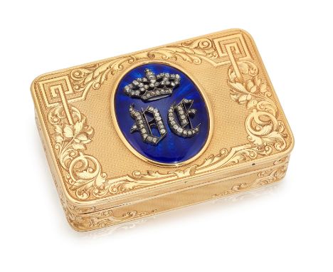 An Italian Royal presentation gold, enamel and diamond set box,&nbsp;attributed to Musy, the rectangular box with rounded cor