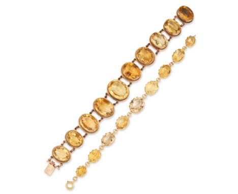 Two citrine bracelets, the first with a row of graduated oval citrines in bezel settings with twisted wire borders, to concea