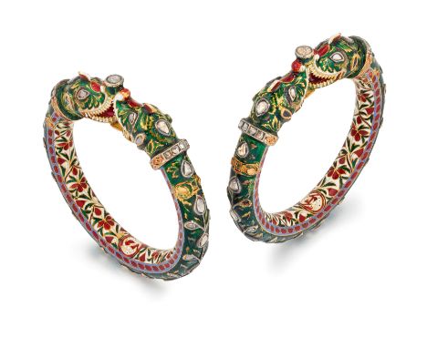 A pair of Indian mid 20th century gold, diamond and enamel 'Kada' bangles, each of tubular form, the exterior of green transl