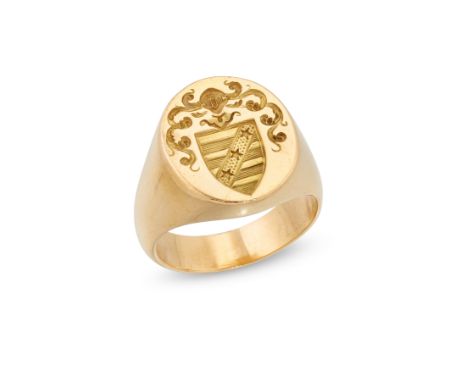 A gold signet ring, the oval head with seal engraving, to plain hoop, French assay marks, ring size RCondition Report:  Appro