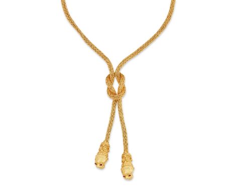 Ilias Lalaounis. A mesh link necklace, with knot of Hercules centrepiece suspending two drops with lion head terminals with r