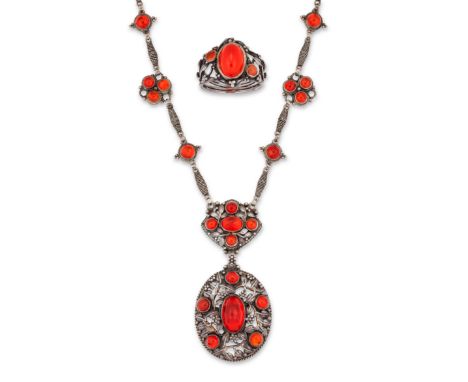 Edward Spencer (1873-1938) for the Artificers' Guild. A silver fire opal necklace and ring, the necklace with an oval openwor