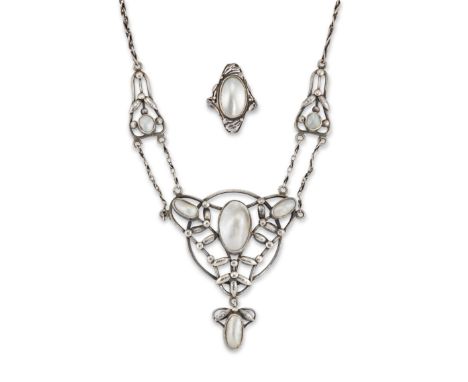 An Arts &amp; Crafts silver blister pearl necklace and ring suite,&nbsp;the pendant of openwork design with collet set bliste