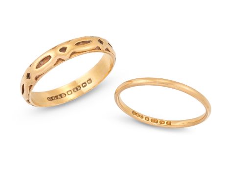Two 22ct gold wedding rings, one by Charles Green & Sons with applied decoration, Birmingham hallmarks, 1959, ring size R½; t