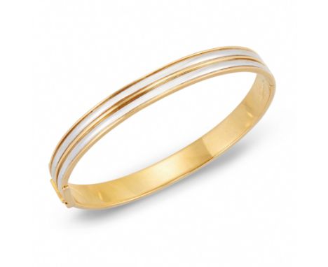 A two colour hinged bangle, of oval form with alternating white and yellow bands, box clasp and buckle form safety catch, sta