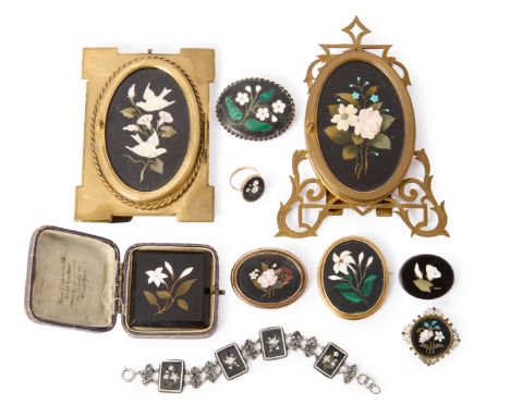 A group of pietra dura jewellery, including: five brooches of floral design (one cracked), variously mounted in silver, gold 