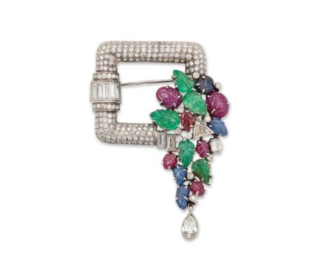 A diamond, carved ruby, sapphire and emerald brooch, designed as a pav&eacute; brilliant cut diamond set square hoop with bag