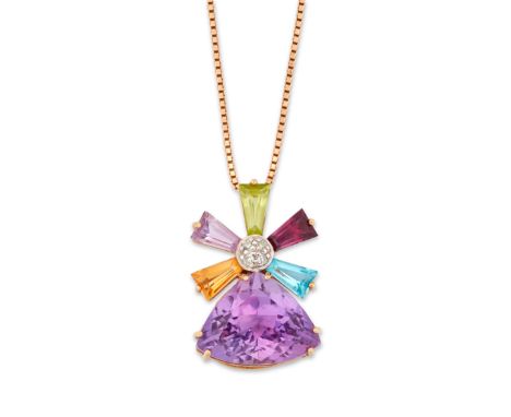 A diamond and gem set pendant,&nbsp;a triangular mixed cut amethyst, with diamond surmount and radiating tapered step cut cit