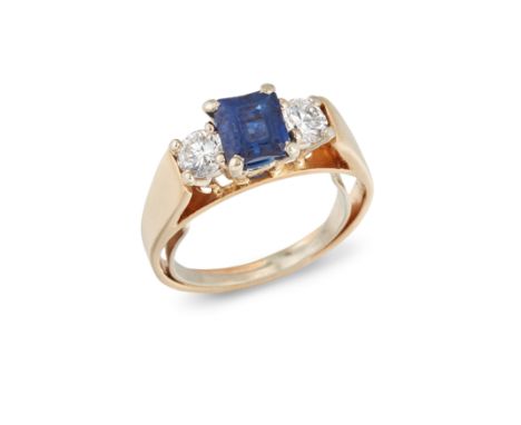 A sapphire and diamond ring,&nbsp;the central single square-cut sapphire to brilliant-cut diamond shoulders, sizing spring to