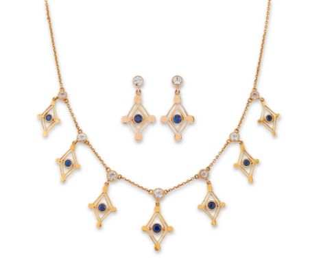 An early 20th century sapphire fringe necklace, and later earrings,&nbsp;the necklace with a fringe of graduating sapphire se